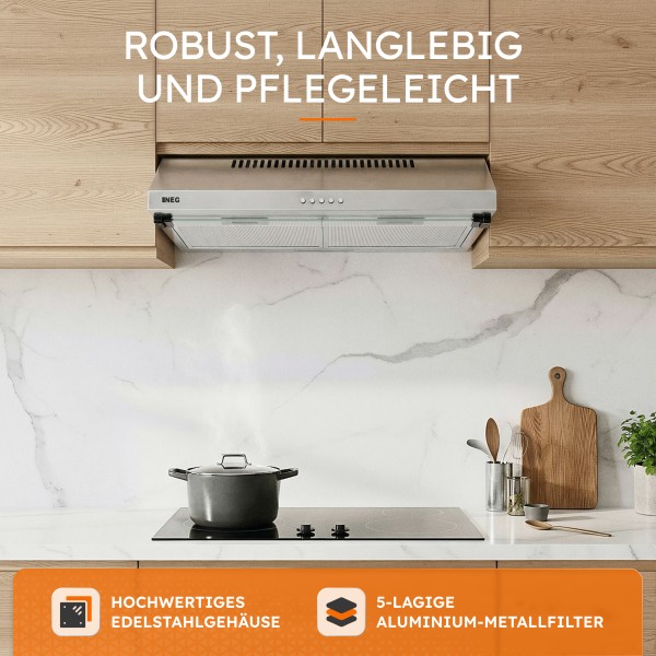Unterbau Dunstabzugshaube NEG15-DC, 60cm, Abluft & Umluft, 227 m³/h, leise 62 dB, helle LED Beleuch